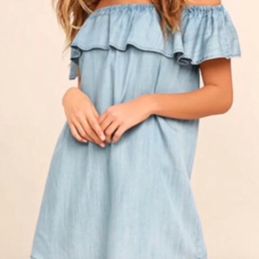Zara Women Chambray Denim Off Shoulder Ruffle Dres